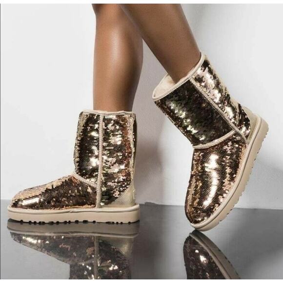 UGG Australia Gold Sequin Short Sparkle Boots 8 - Picture 1 of 8